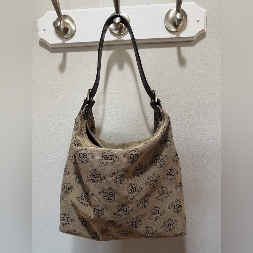 Dooney & Bourke Vintage Monogram Logo Print Hobo Bag Canvas & Black Leather